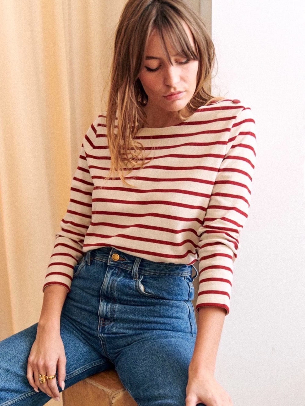 Sezane Cream and Red Striped Button-Shoulder Long Sleeve Top